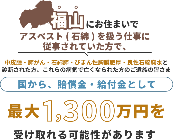 福山にお住まいで、アスベスト（石綿）を扱う仕事に従事されていた方で中皮腫・肺がん・石綿肺・びまん性胸膜肥厚・良性石綿胸水と診断された方、これらの病気で亡くなられた方のご遺族の皆さま 国から、賠償金・給付金として 最大1,300万円を 受け取れる可能性があります